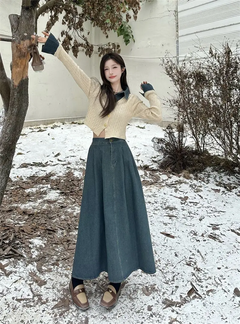 Korea Denim Long Skirt Set 2 Piece Sets For Women Patchwork Knitted Fake Two Pieces Top Denim Skirt Slim Fashion Suit Spring