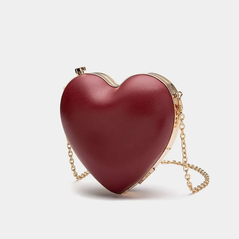 SweetLove Heart Shape Mini Bag Cute Handbag Retro Burgundy Crossbody Chain Fashion Evening Bag 2024 New Valentine Women's Gift