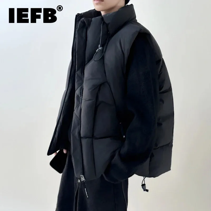 Iefb coletes acolchoados de carga masculina, estilo funcional, gola com cordão, cor sólida, sem mangas, jaquetas de algodão masculinas, inverno 24e5529