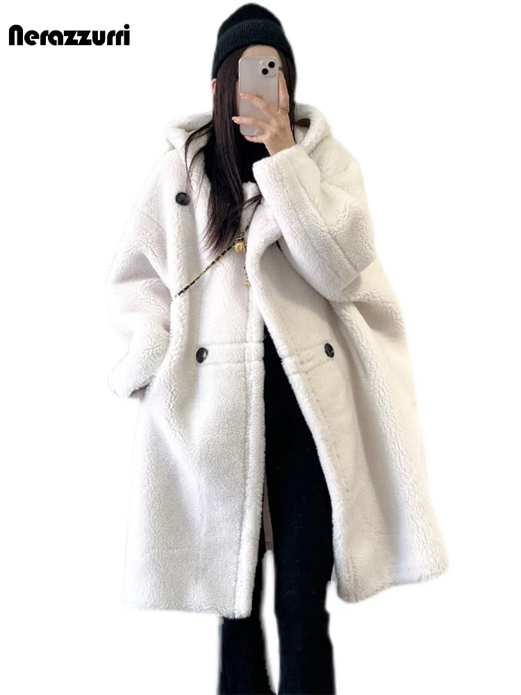 Lautaro Autumn Winter Long Oversized Brown White Blue Thick Warm Soft Teddy Coat Women with Hood Stylish Faux Fur OverCoat 2022