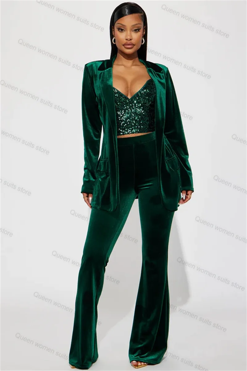 

Green Velvet Women Suit Pants Set 2 Piece Blazer+Trouser Formal Office Coat Customized Wedding Tuxedos Autumn Prom Dress Jacket