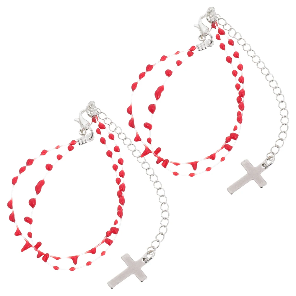 

2Pcs Blood Drip Bracelet Gothic Cross Punk Style Halloween Christmas Jewelry Accessories Red Set for Women Lace Bracelet