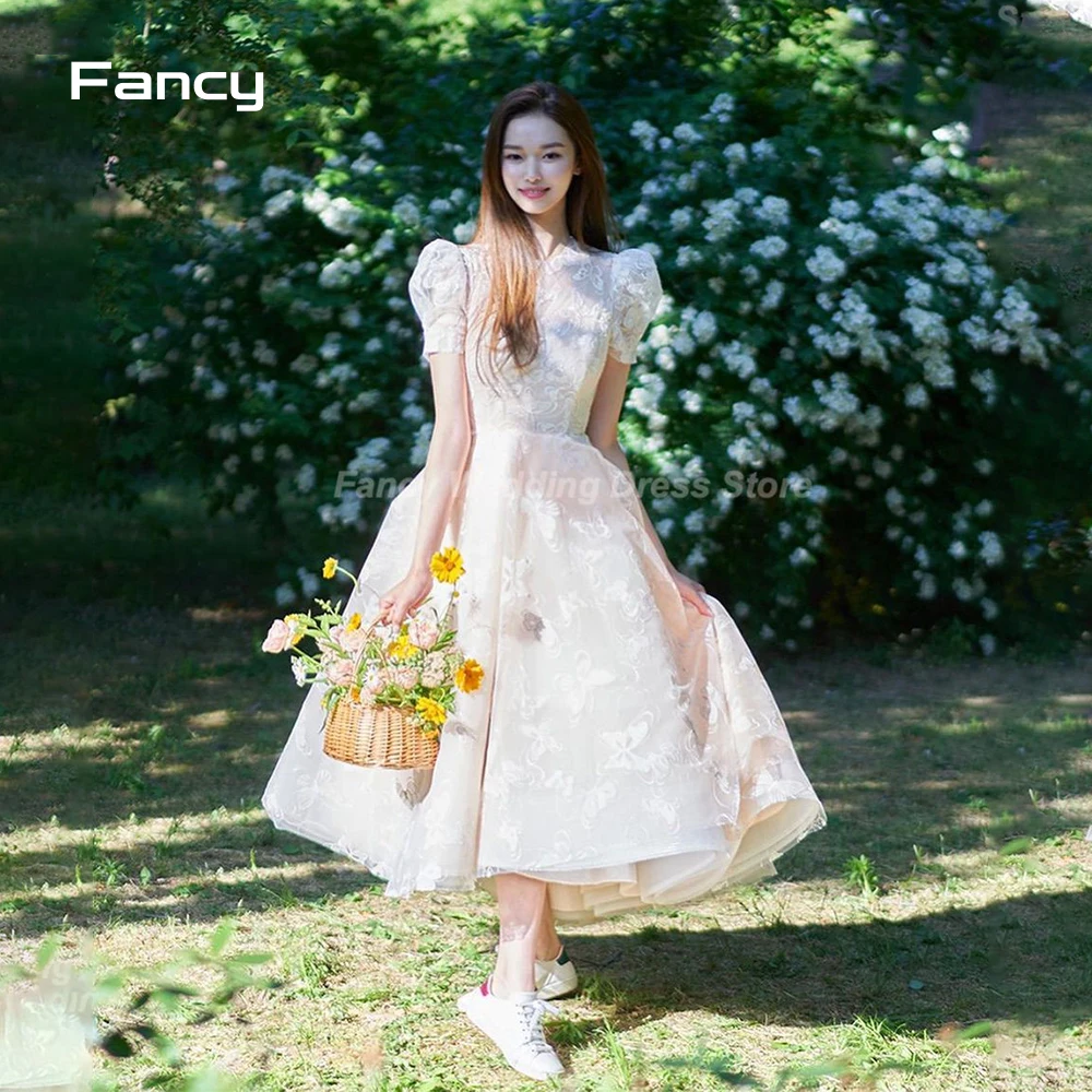 

Fancy Simple O Neck Korea Wedding Dress Photoshoot Short Sleeve A Line Bridal Gown Lace Applique Bridal Dresses Custom Made