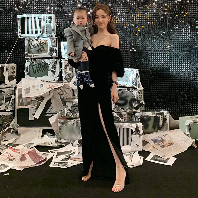 

Bla Long One-oulder Evening Gown New Women's Ball Par Host Slimming Dr Skirt Korean Sle Velvet Fabric Mid-Waist