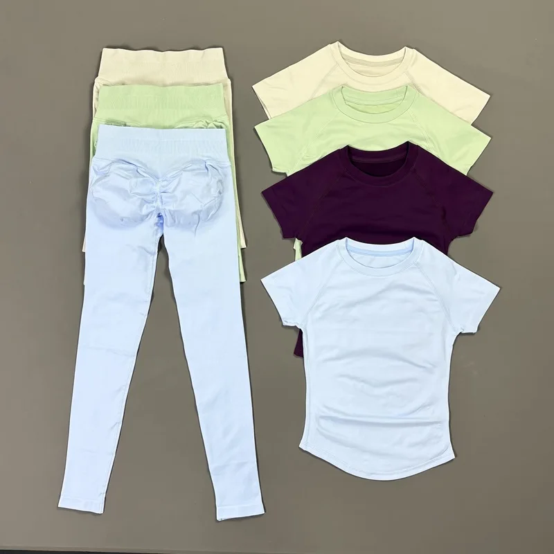 2-teiliges HISTELLO Fitness-Set für Damen Hochelastisches Nahtloses Kurzarm-Oberteil Low-Waist-Leggings Bauchkontrolle Po-Lifting Yoga-Gym-Set