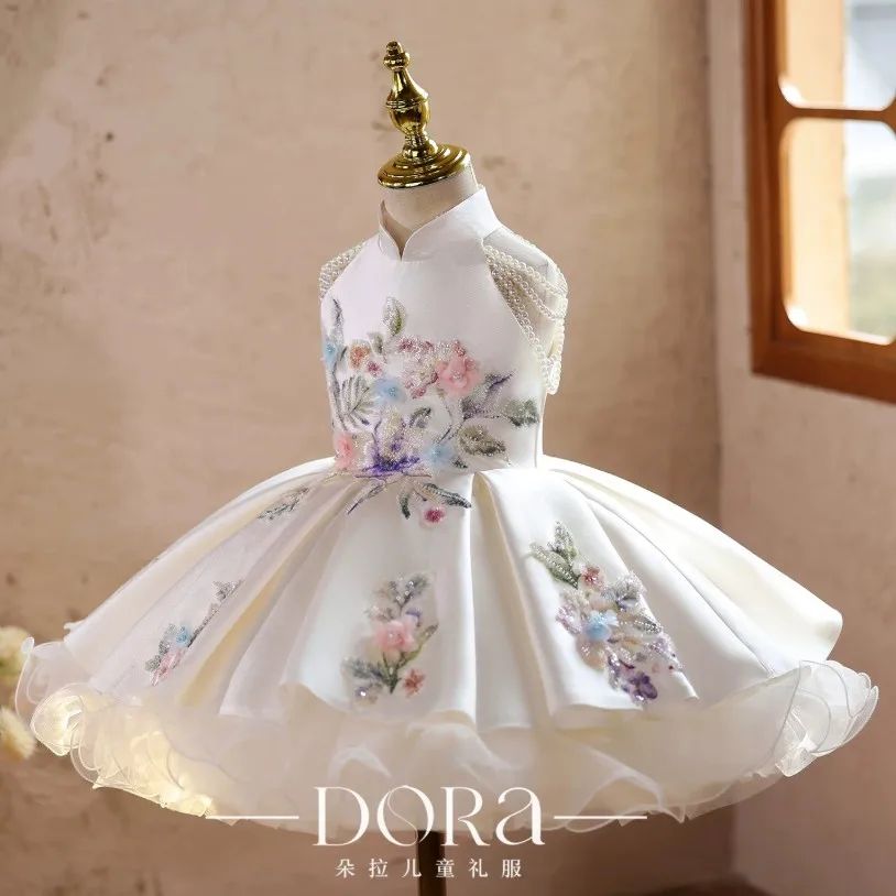 Neues Prinzessinnenkleid für Mädchen, bestickt mit Perlen und Blumen, Kinder-Festkleid aus Satin und Tüll, Hochzeits- und Geburtstagsparty-Kostüm für 2-12 Jahre A5099 – Detail 4