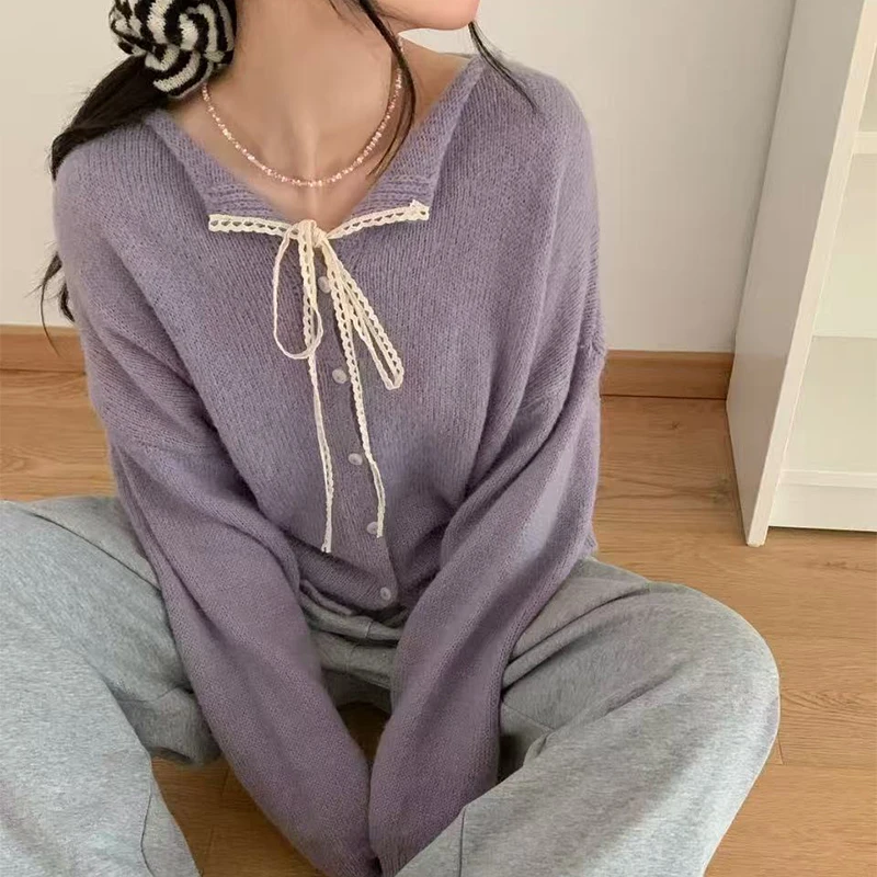 سترة صوفية بياقة مقلوبة من الدانتيل للنساء للخريف معاطف سترة غير رسمية بأزرار للنساء فضفاضة بأكمام طويلة ملابس خارجية دافئة للسيدات