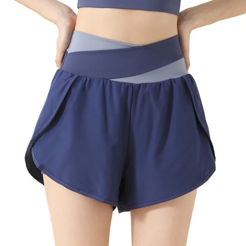 2026 Butt Lifting Color blocked Fake Two piece Yoga Shorts Naked Anti glare Sports Shorts for Women's Running Fitness Pants