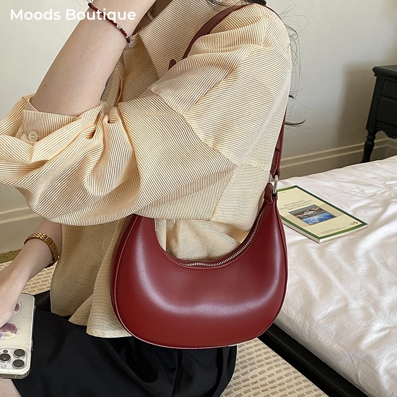 Elegant Underarm Shoulder Bags For Women Vegan Leather Pure Color Half-moon Armpit Hobo Bag Casual Street Commuter Crossbody Bag