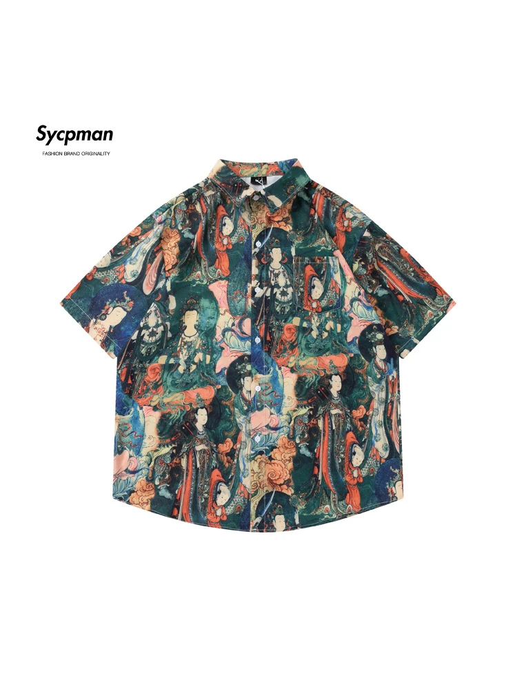 Sycpman Chinoiserie Vintage Printed Short Sleeve Shirts for Men Summer Fashion Streetwear Loose Casual Shirt Couple Clothing