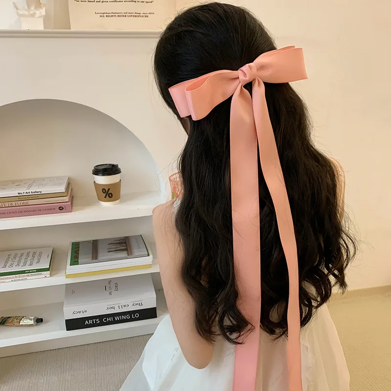 Pinces à cheveux extra longues pour femmes et filles, ruban de satin, gros nœud papillon, épingle à cheveux rose et noire, cordon de barrette,