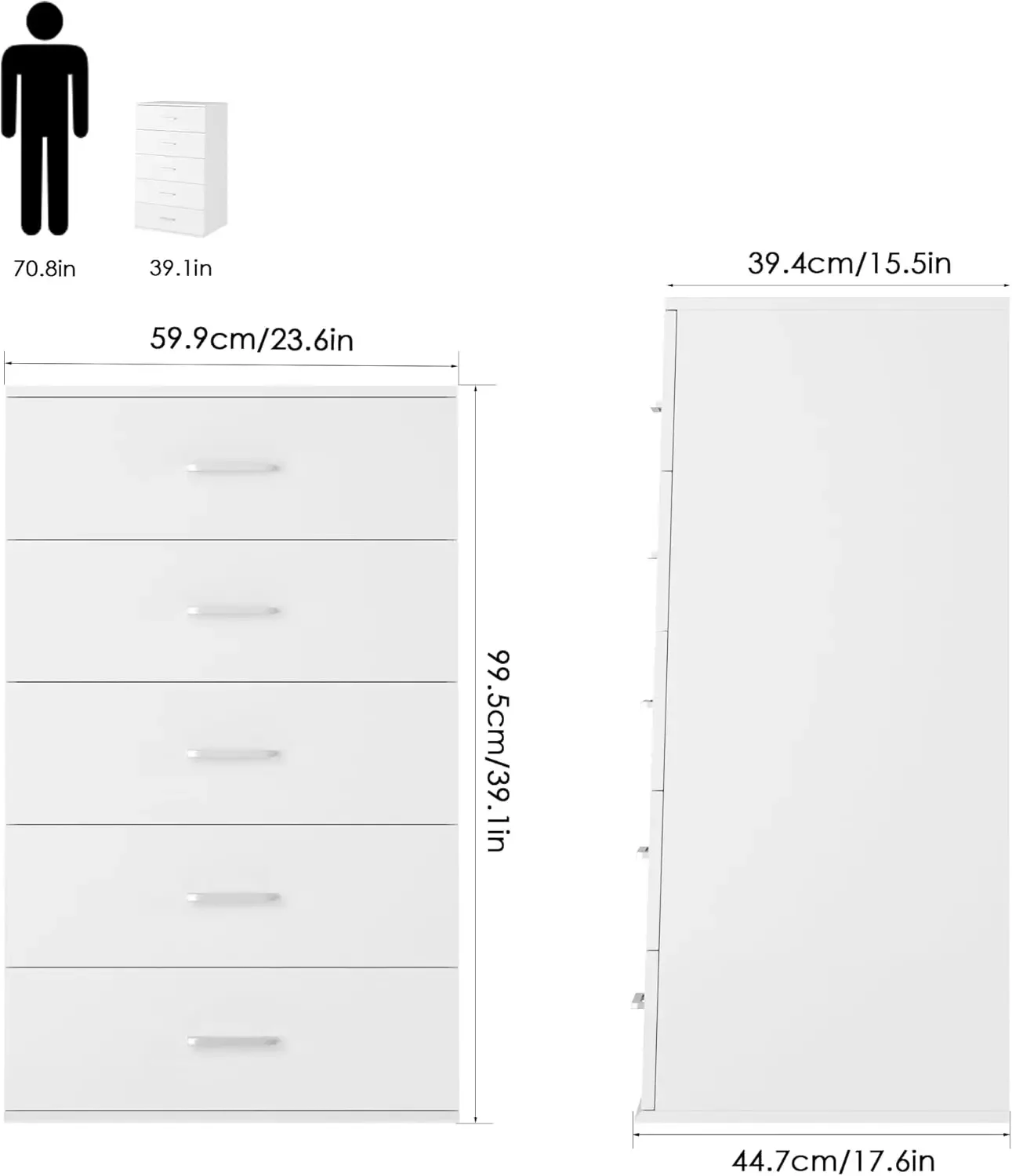 5 Drawer Dresser Chest, Tall Dresser Storage Tower with Metal Handles, White Storage Cabinet for Living Room, Kitchen, Entryway,