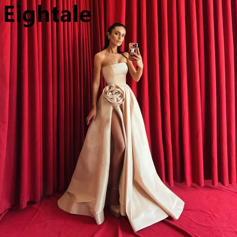 Champagne A Line Satin Evening Dresses For Wedding Party 2025 Strapless Prom Dress Sexy Slit Party Gown Robe Soirée Femme