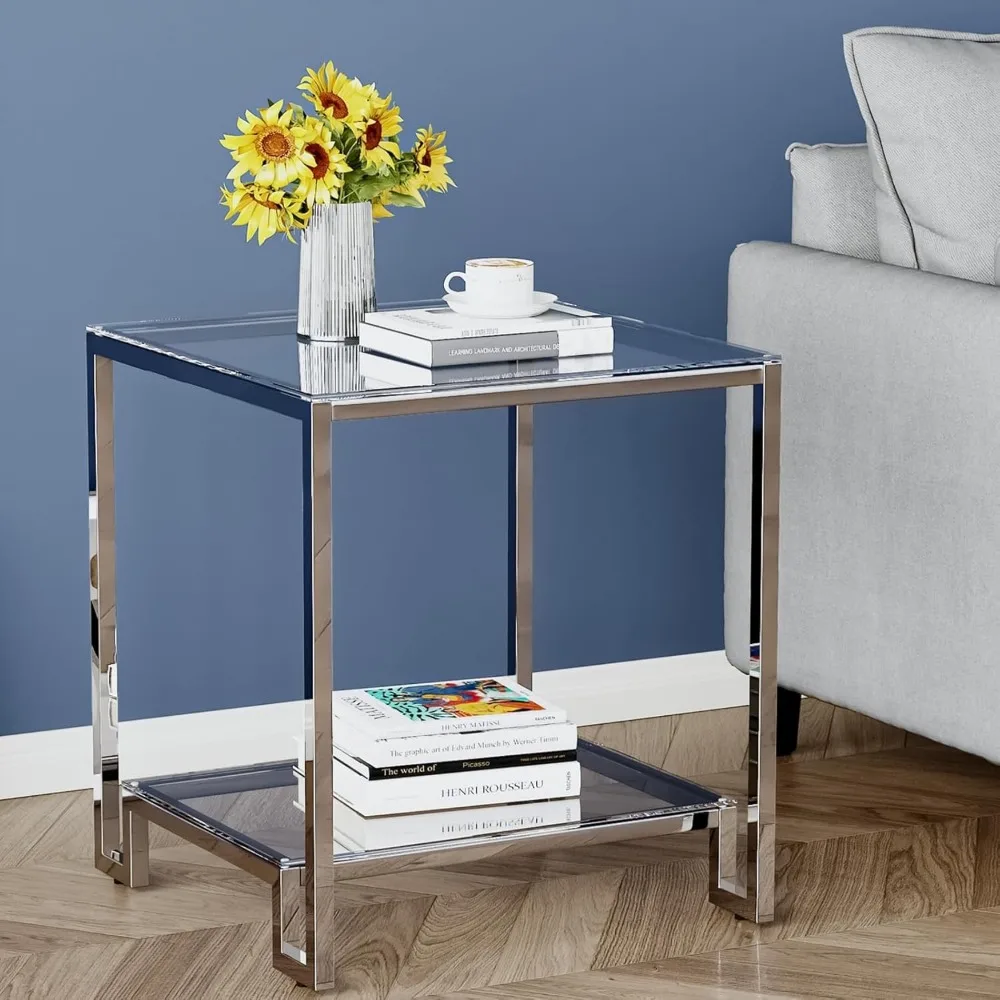 طاولة جانبية مربعة الشكل بطبقتين مع سطح من الزجاج المقسى وإطار فضي من الفولاذ المقاوم للصدأ وحامل ليلي حديث للمساحات الصغيرة #2