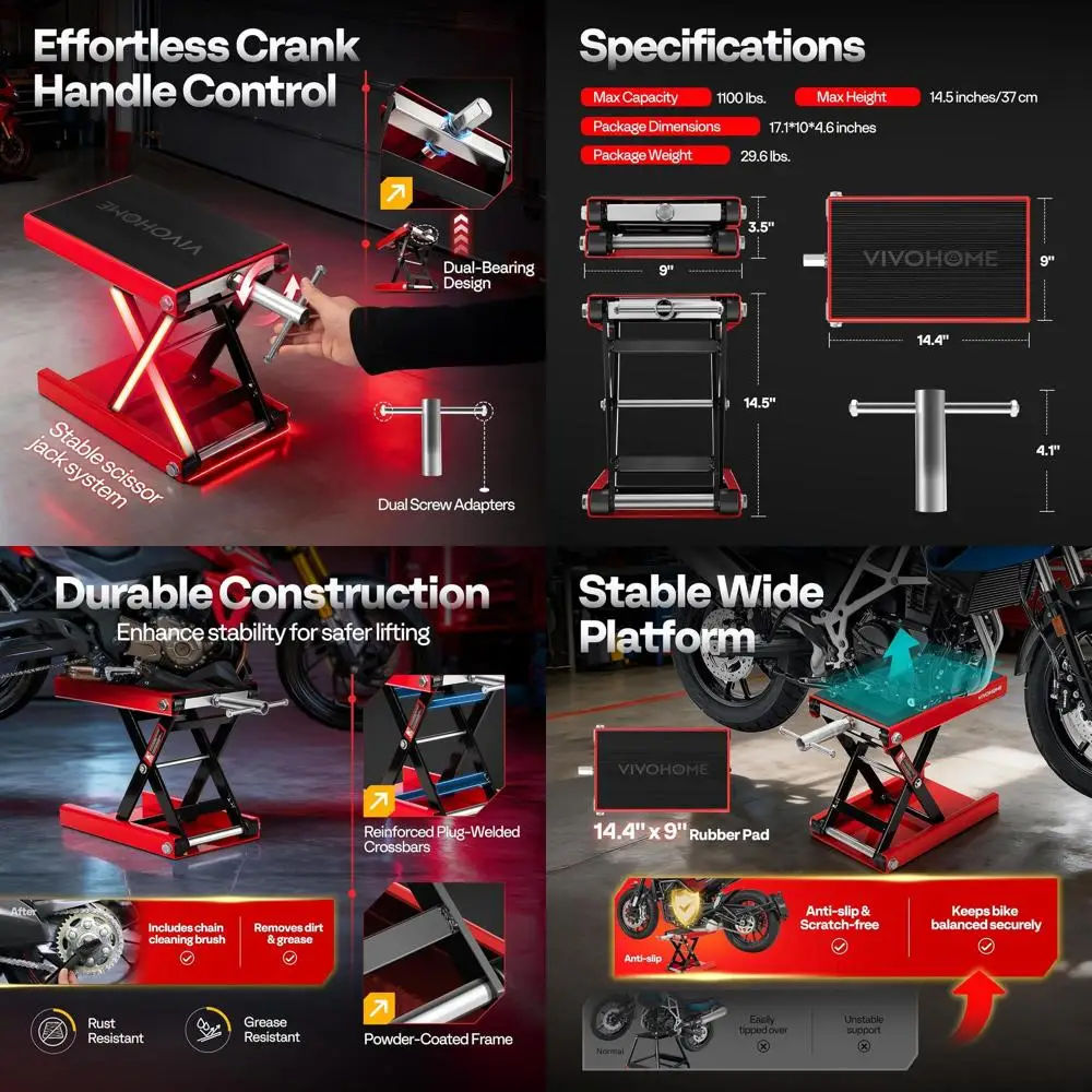 

Регулируемый по высоте ножничный подъемник и широкая платформа для мотоциклов весом до 1100 фунтов, стальная конструкция, подходит для круизеров и внедорожных мотоциклов.