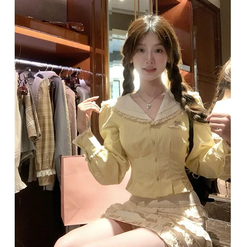 

Academy Sweet Navy Collar Stripe Shirt Cake Skirt Two Piece Set Women Fashion Lace Splice Bow Korean Purity Slim Spring Suit New