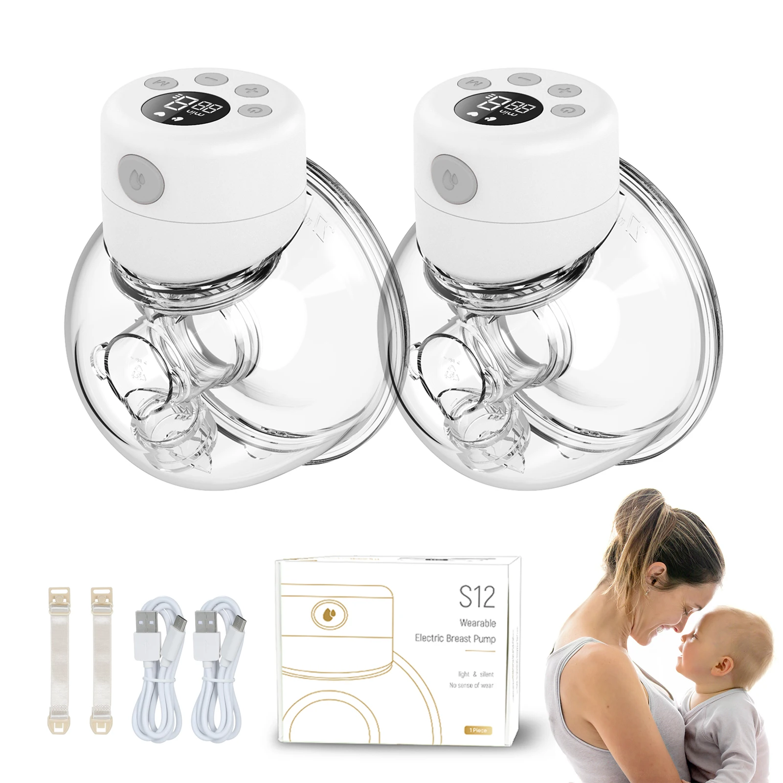 2-Pack Wearable Electric Breast Pump Silent Invisible Hands Free Breast Pump 2 Modes 9 Levels LED Adjustable Intelligent Timing