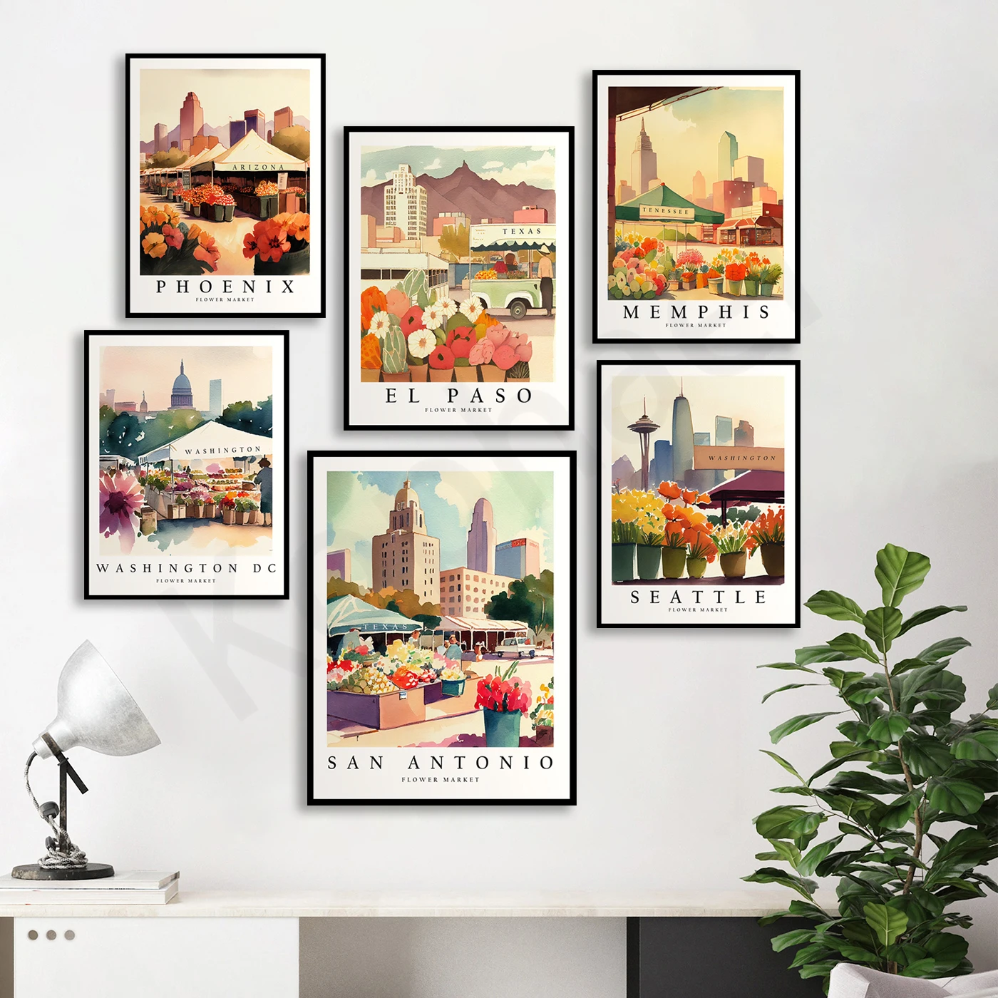 سان أنطونيو فينيكس سان دييغو إل باسو شارلوت ممفيس واشنطن سياتل سان خوسيه. ملصق سوق زهرة المدينة