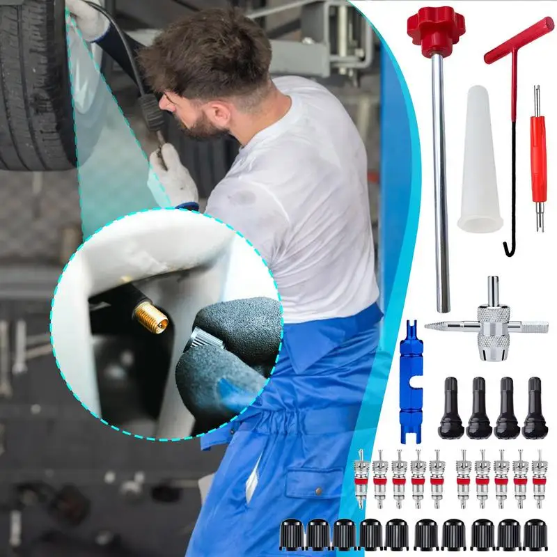 

Valve Stem Tool Kit 30Pieces Tire Installer Tool Valve Remover Tool Repair Tool Quick Change T-Hook Replacement Car Accessories