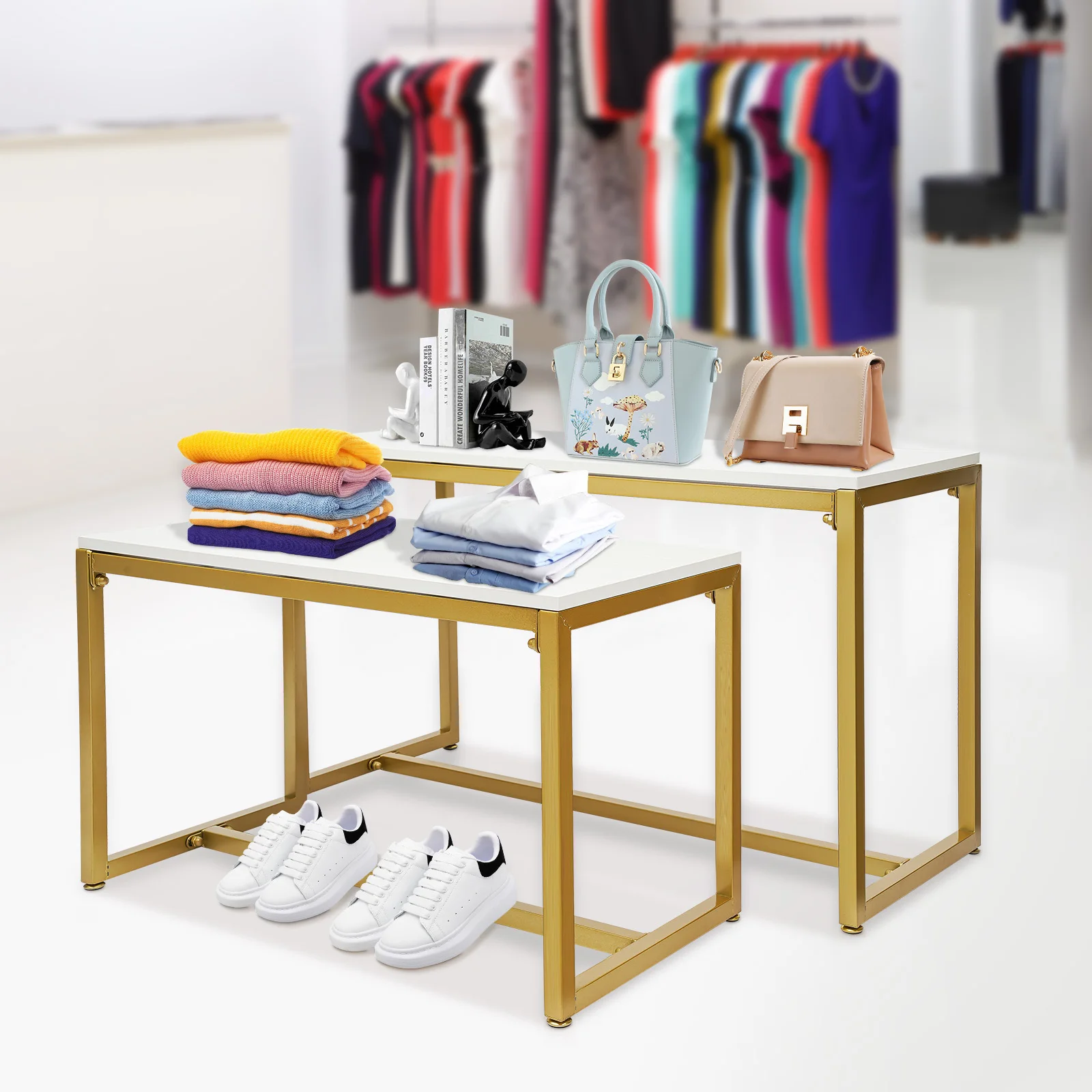 Metal Shoe Handbag Display Stand Nesting Tables 2 Piece Set Display Riser Shelf for Retail Stores Shoes Handbags Display Rack