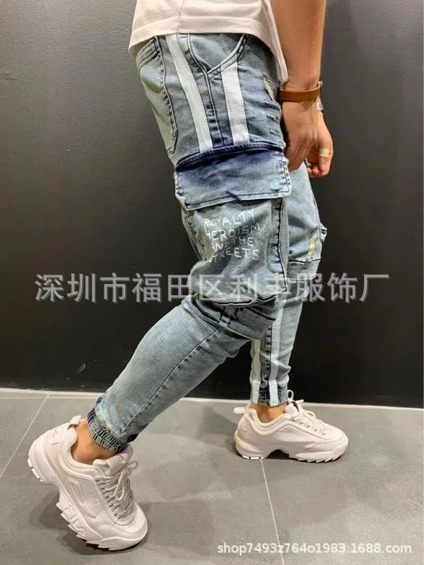 Men Jeans Denim Ankle Length Pencil Pants Mid Waist Holes Sheath Pockets Slim High Street Patchwork Slight Strech Washing