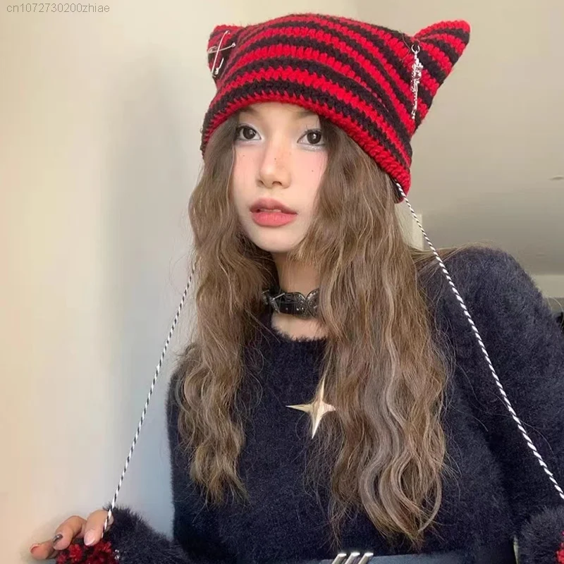 

Unisex Harajuku Punk Gothic Knitted Cat Ear Hat Little Devil Y2K Kawaii Millinery Soft Knit Hat Female Girls Accessories