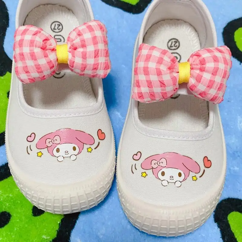 Sanrios Kuromi Cinnamoroll My Melody Pompom Purins Cartoon Cute Children\\\\\'s Canvas Shoes Kindergarten Kids Indoor White Shoes