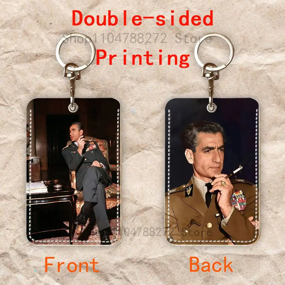 I-Iran Shah M-Mohammad Rectangle Card Case Keychain Access Card Bag Key Tag Ring Leather Card Holder Key Ring Access