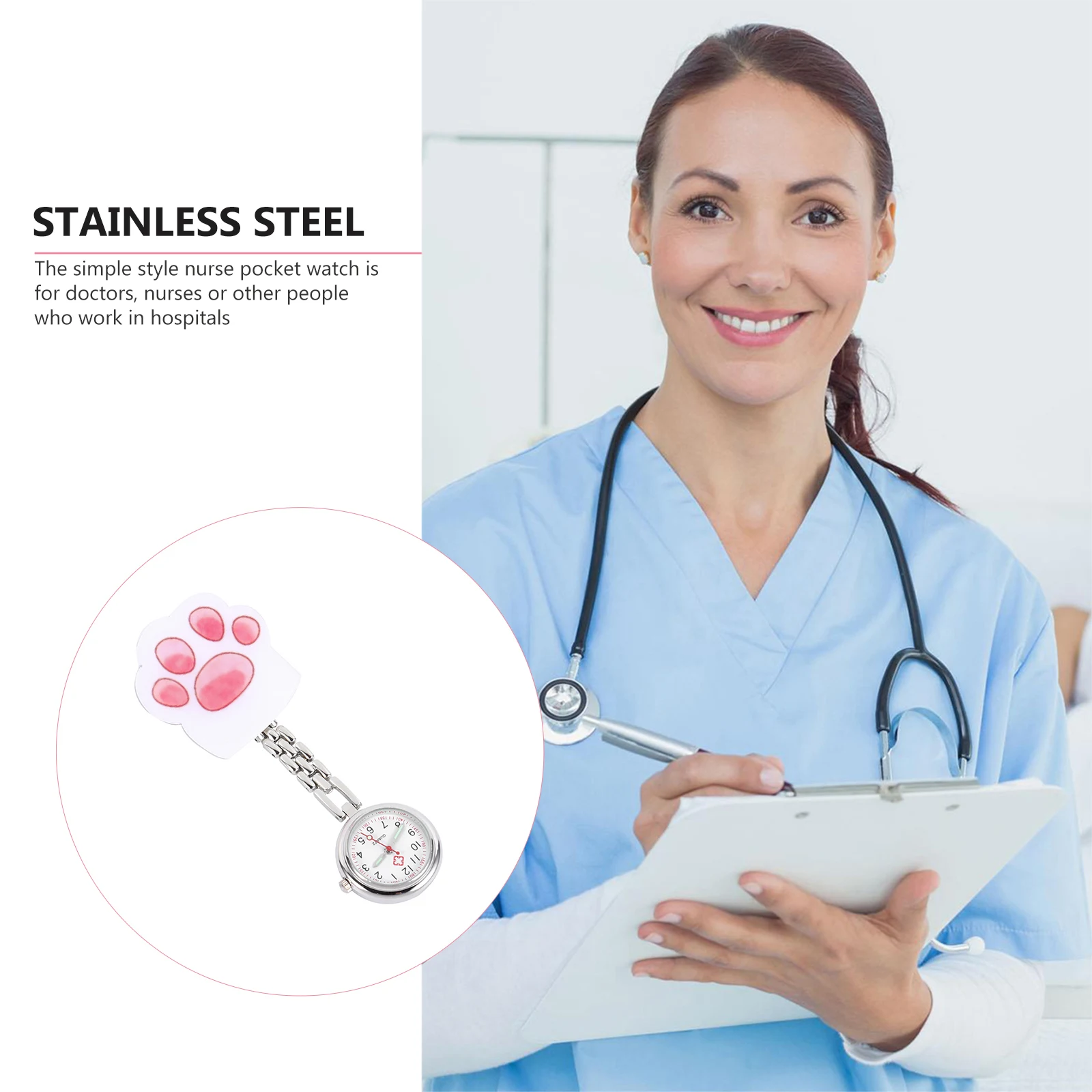 

1 pc Cat Paw Watch For Nurses Pocket Fashion Accessory Alloy Design Button Opening Luminous Long-Lasting Gift Hospital Workers
