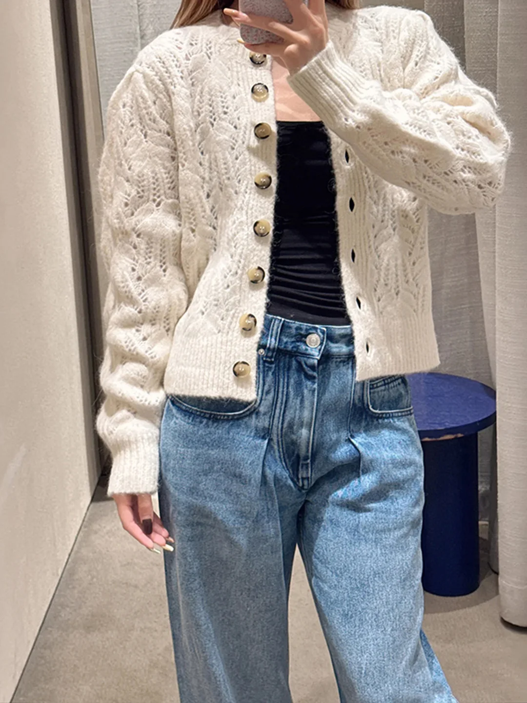 

Вязаный вручную ажурный кардиган с круглым вырезом, женское вязаное пальто, романтический стиль, на одной пуговице, осень-зима