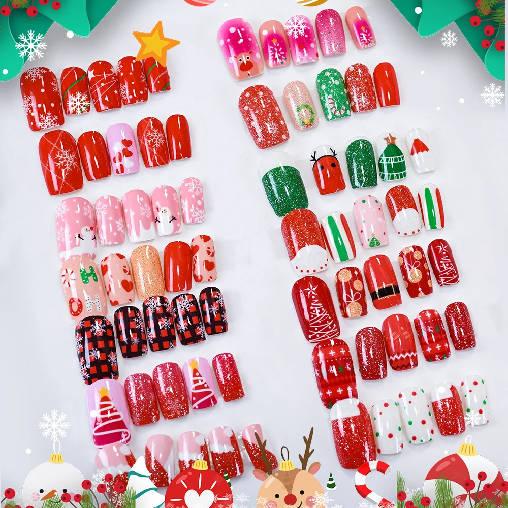 16種類のクリスマスベーキング不要ネイルポリッシュステッカー、3D雪の結晶、クリスマスツリー、グリッターネイルラップデカール、新年マニキュアデコレーション