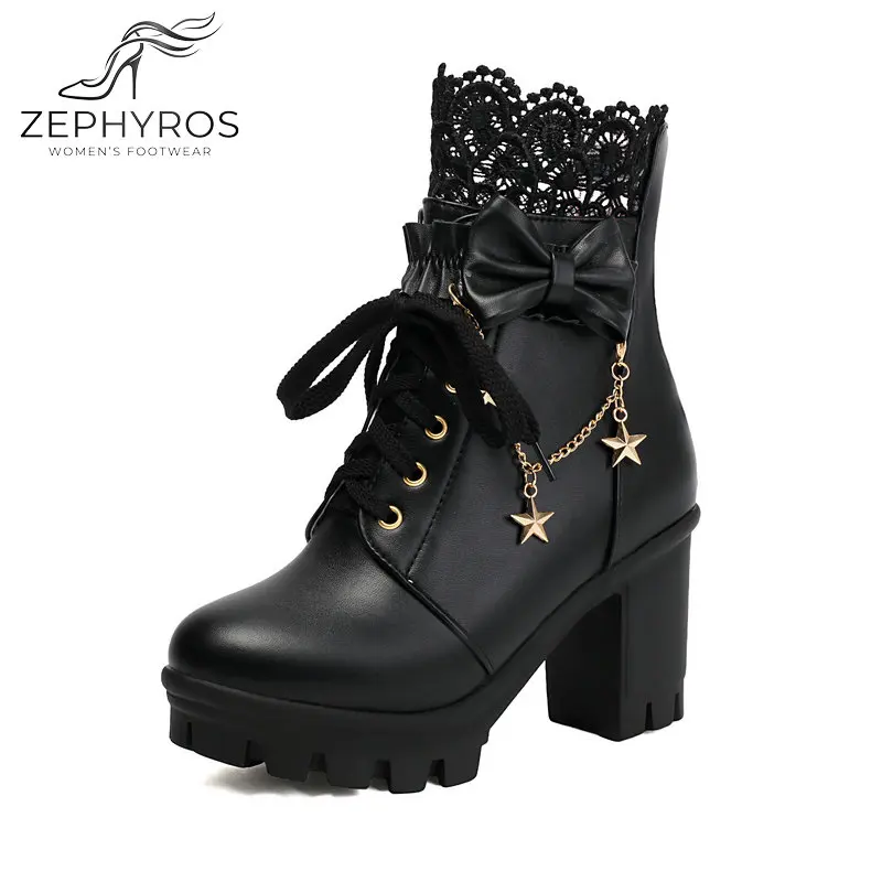 

Women's Gothic Lolita Ankle Boots Lace Bow Star Chain High Heel Platform Boots for Women Fashion Chunky Heel Lace-up Short Boots