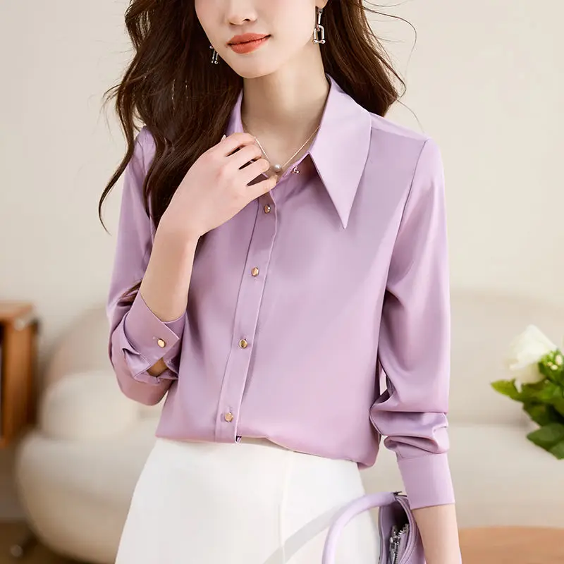 Spring Autumn Business Casual Interior Lapping Ladies Solid Color Women\'s Clothing Tops Office Lady Shirts Fashion New Blouses