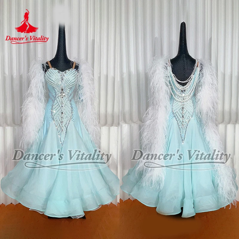 Adults Pearl String Ostrich Feather Style Waltz Perform and Contest Clothe Standard Social Dance AB Stones Luxurious Customized
