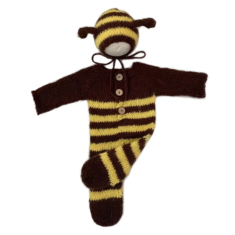 ❤Ropa de fotografía para recién nacido, gorro de abeja Mohair + monos, 2 unids/set, accesorios para fotos de bebé, trajes de punto