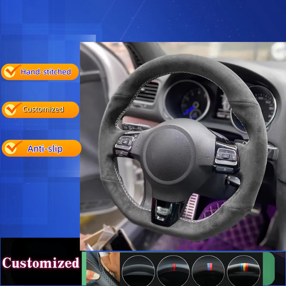 

Custom Hand-stitched Suede Leather Anti-slip Steering Wheel Cover For Volkswagen Golf 6 GTI MK6 VW Polo GTI Scirocco R Passat CC