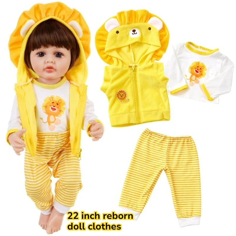 

22 Inch Reborn Baby Doll Clothes Set Cute Lion Hooded Jacket T-shirt Striped Pants Soft Plush Doll Outfit Toy Accessories Gifts