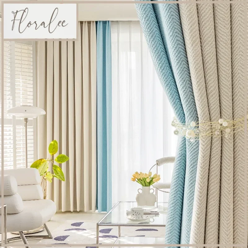 

Thickened High-shading Cream Curtains For Living Dining Room Bedroom Herringbone Pattern Cotton And Linen Splicing Customized