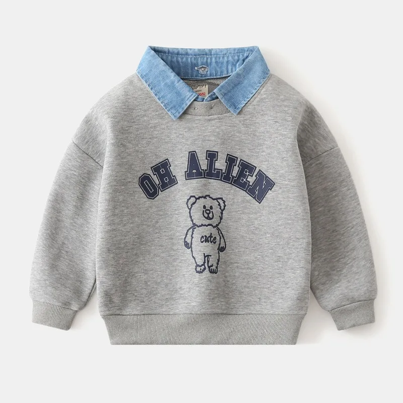 

2025 Winter New Korean Style Kids Clothes Fleece Sweatshirt Cartoon Bear Print Boys Fake Two-Piece Warm Top