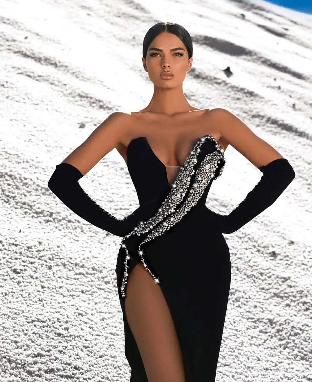 Doymeny Velvet Evening Dress V Neck High Slit Beaded Mermaid Sequins Long Black Dubai Prom Gown Party Celebrity Ball Dress 2024