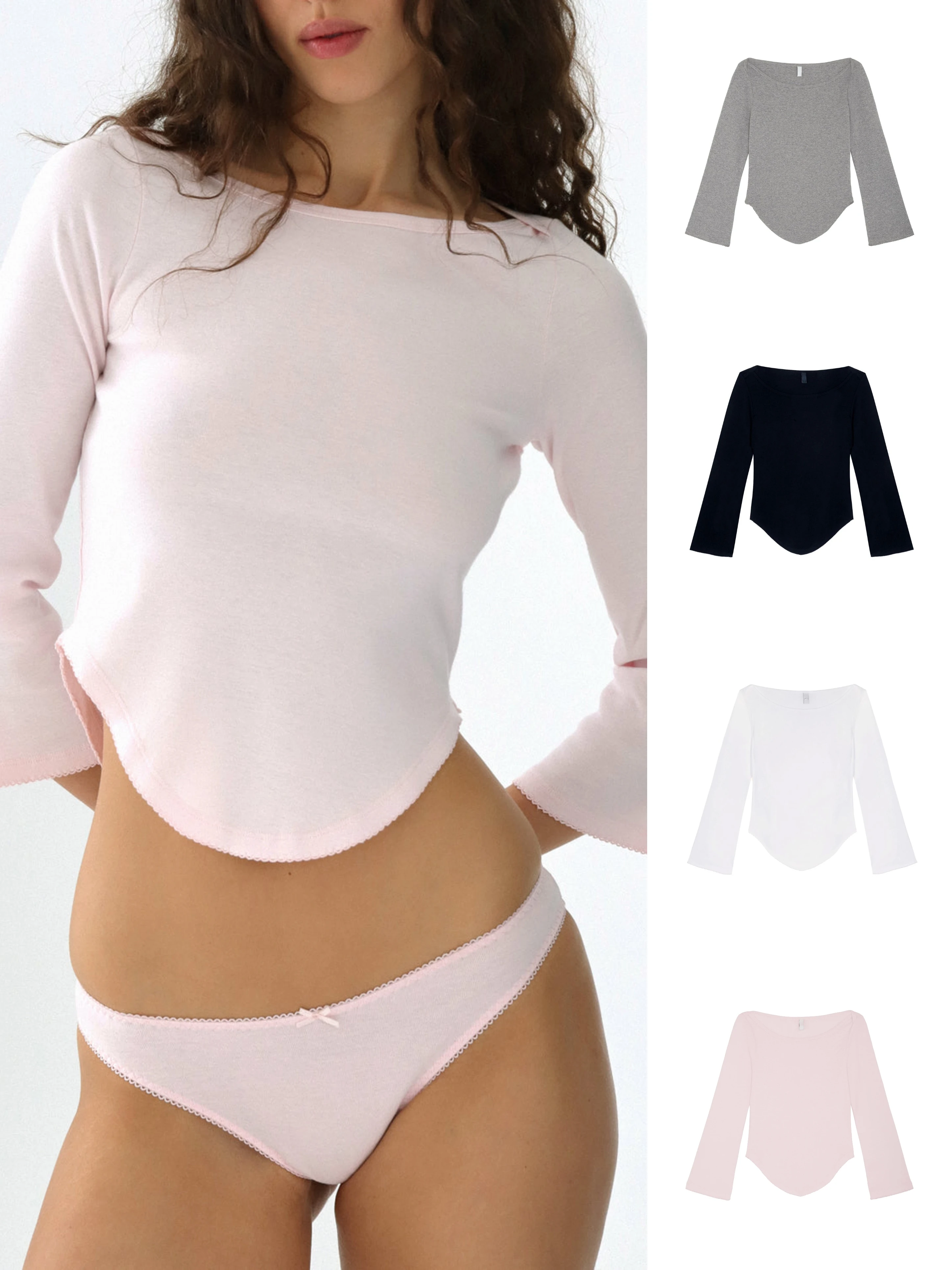 

Cou Autumn Three-Quarter Sleeve Pink Round Neck Long-Sleeve T-Shirt V-Shaped Hem Design Gray Top Casual Fashion White Top Lace Design Black Top