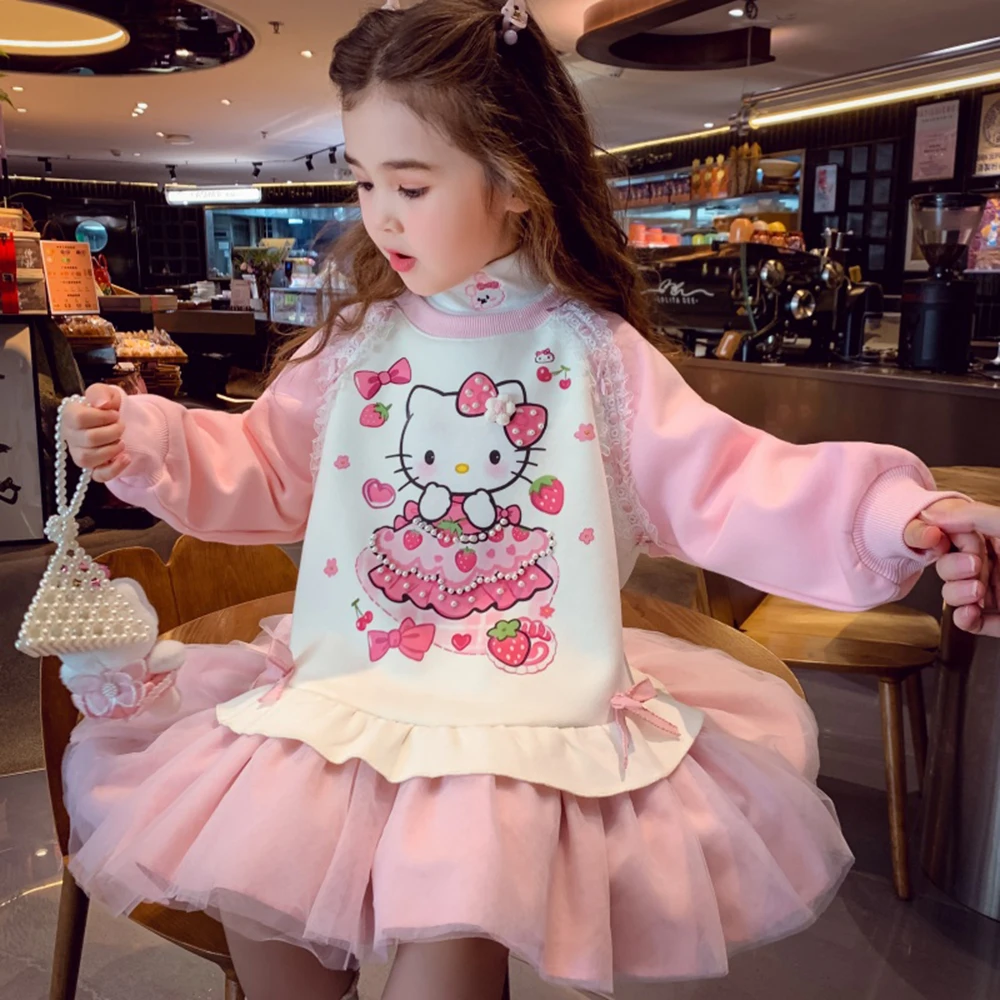 

HelloKitty Girls Dress 2025 New Winter Warm Fleece Lined Children's patchwork Mesh Princess Style Hoodie Dress for Little Girls