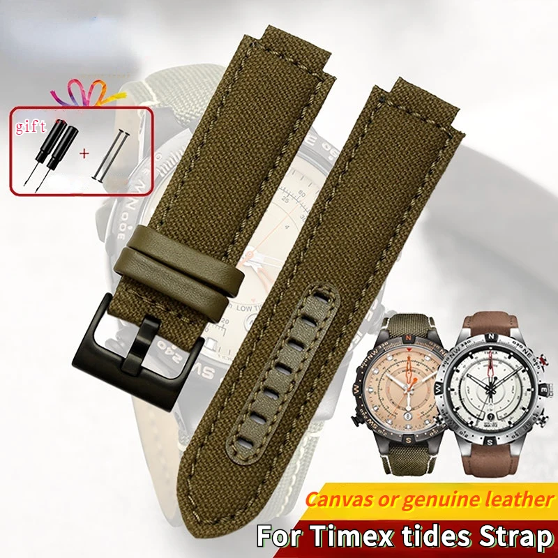 Sports canvas Watchband cowhide bottom For TIMEX T2N720 T2N721 TW2R55500 24*16mm Army green brown Men\'s Watch Strap Bracelet