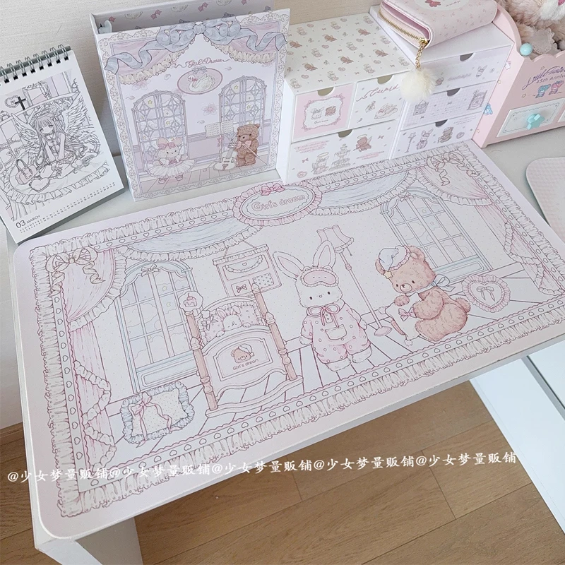 Dreamy Goodnight Cartoon Bunny Bear Pink XXL Desk Mat Original Cute Design Office Study Mouse Pad Waterproof Non-Slip Thick Base