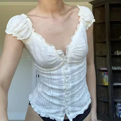 Women Y2K Aesthetic White Lace Crop Top 90s Vintage Vest Chic Women Retro Streetwear Korean Fashion Basic Women T-shirt EMO
