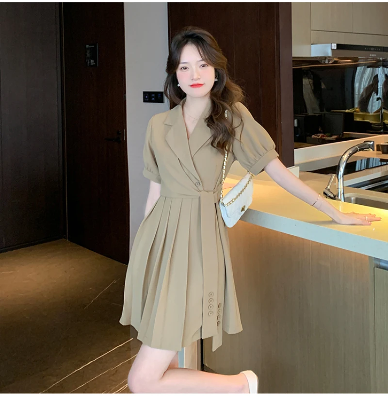 

Summer Korean Casual Fashion Irregular Lacing Short-sleeved High-waisted Professional Temperament Slim Pleated Female Dresses