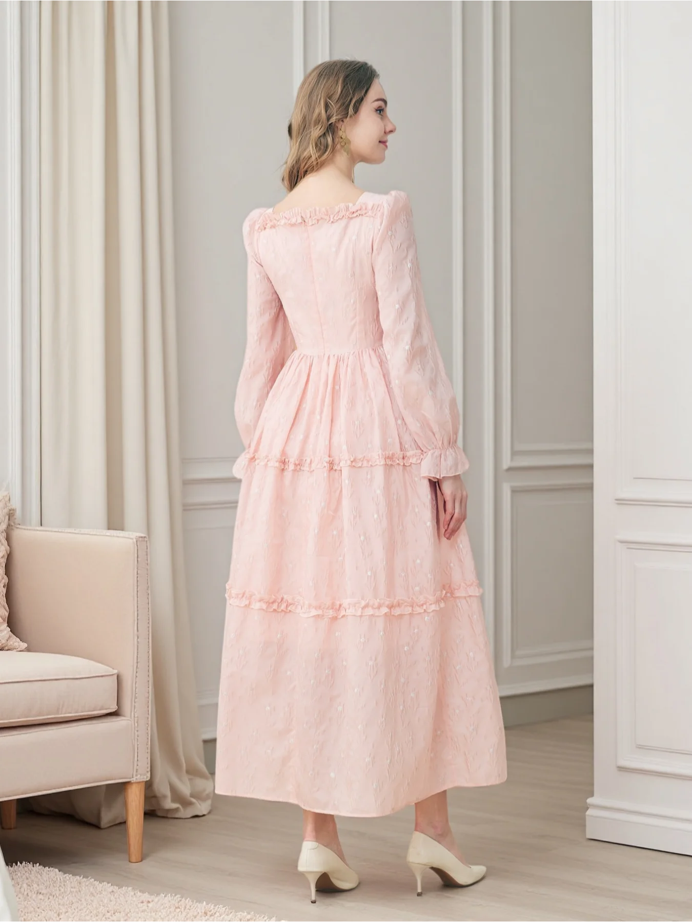 DEVCHATA Plus Size Women French Vintage Square Neck Long‑Sleeve Jacquard Midi Dress Elegant Party Evening Gown for Wedding Guest