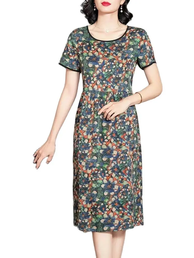 Imagem -04 - Birdtree-vestido Feminino Estampado com Cetim Floral 91 Seda Amoreira Manga Curta Elegante Vestido Retrô Novo Primavera Verão D42255qm 2024