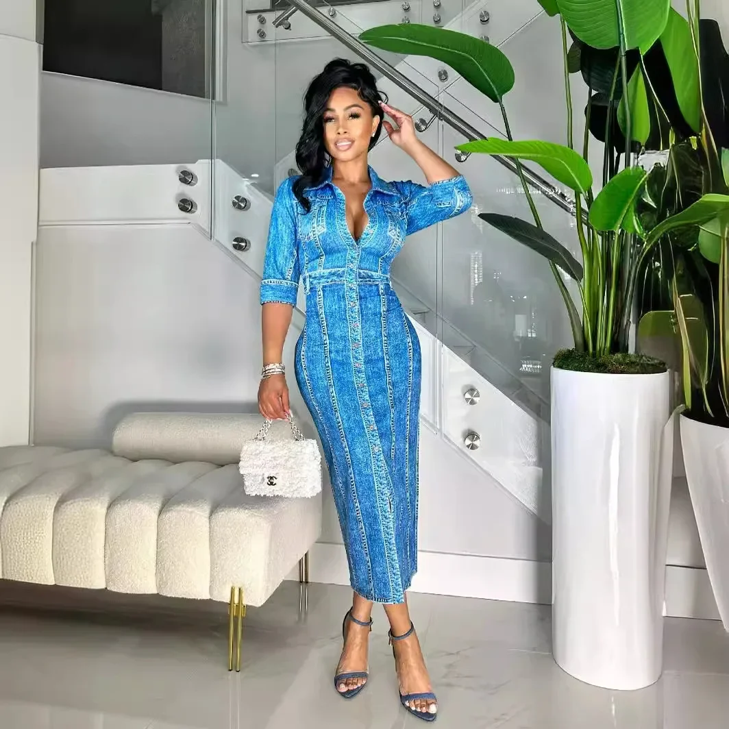 فستان نسائي مثير من قماش الدنيم بصدر واحد وأكمام طويلة فساتين طويلة بقصة ضيقة ملفوفة على الورك أنيقة فيستدوس 2025