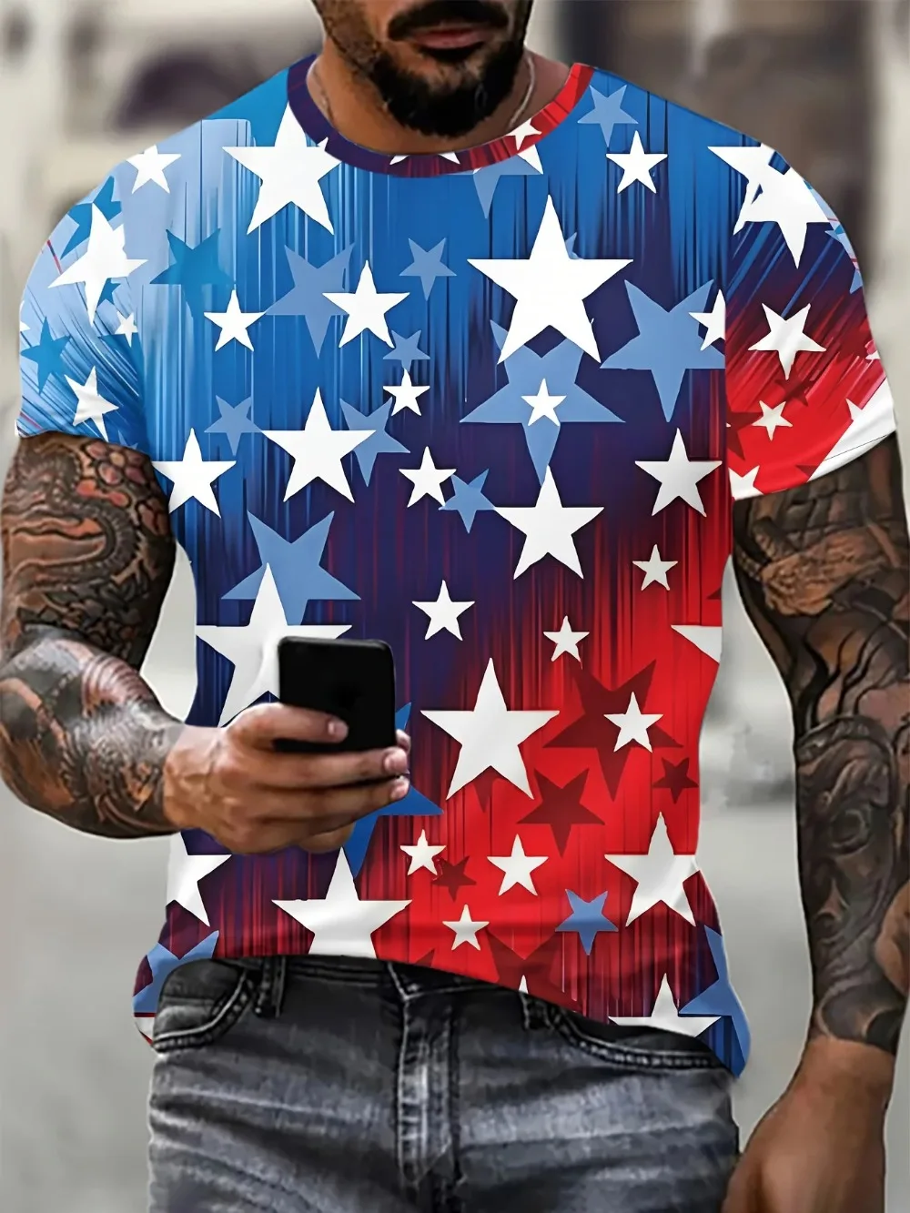 Modischer Trend Stars Patte 3D-Druck Sport Schnelltrocknend Atmungsaktiv Herren T-Shirt Outdoor Street Retro Sommer Rundhals Kurzarm-Shirt